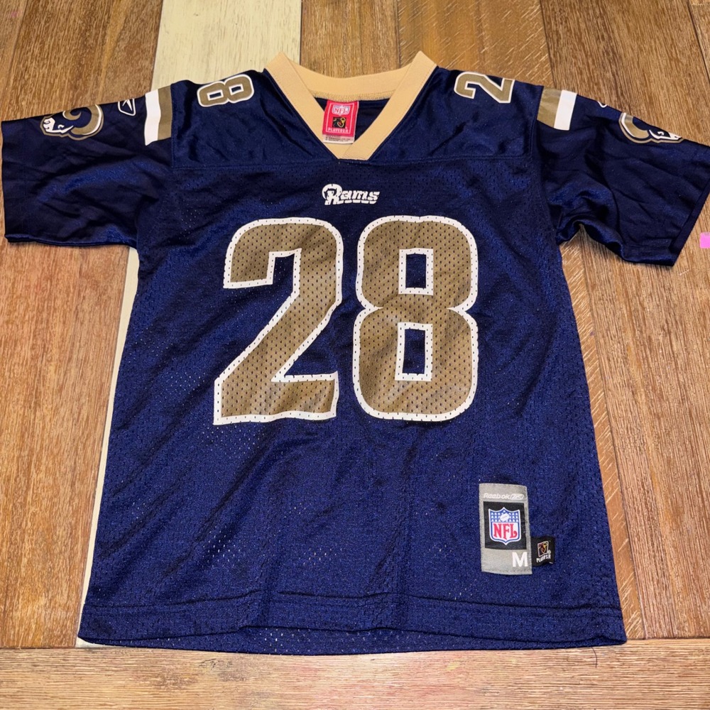 Reebok Marshall Faulk Rams Jersey Kids Medium Blue Excellent NFL 28